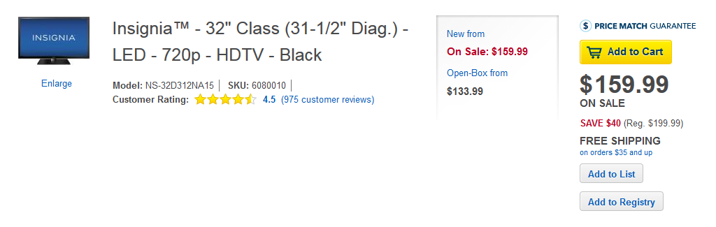 Insignia NS-32D312NA15 BestBuy Store Page