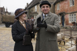 Downton Abbey Part Two - Sunday, January 10, 2016 at 9pm ET on MASTERPIECE on PBS Wedding plans hit a snag. Pigs lead to trouble for Edith and Marigold. Thomas gets a hint. Anna has a secret appointment. Violet and Isobel lock horns over health care. Shown from left to right: Phyllis Logan as Mrs. Hughes and Jim Carter as Mr. Carson (C) Nick Briggs/Carnival Film & Television Limited 2015 for MASTERPIECE This image may be used only in the direct promotion of MASTERPIECE CLASSIC. No other rights are granted. All rights are reserved. Editorial use only. USE ON THIRD PARTY SITES SUCH AS FACEBOOK AND TWITTER IS NOT ALLOWED.