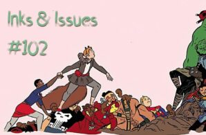 Header image for Inks & Issues showing Squirel girl on a mountain of fallen heroes