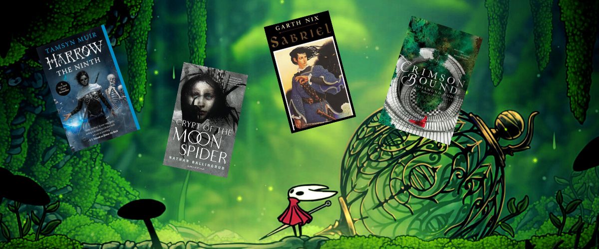 Hornet from Silksong looking up at various book covers